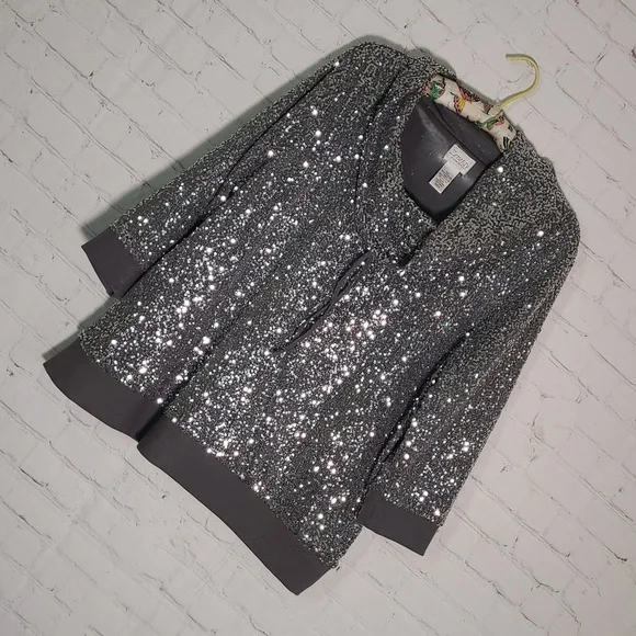Zenergy By Chicos Silver Sequins Slouch Neck Quarter Sleeve Top Womens Size 3 - Picture 4 of 9